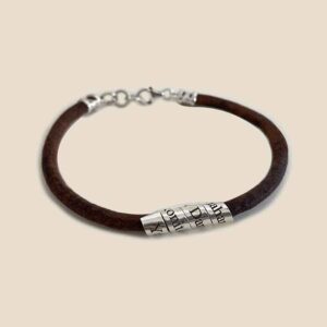 Personalized Hebrew Engraved Silver and Leather Bracelet