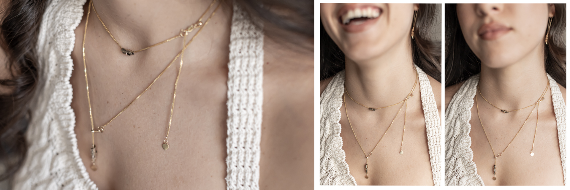 Layered gold necklaces with Hebrew engraved charms and pendants, worn by a woman in a white top